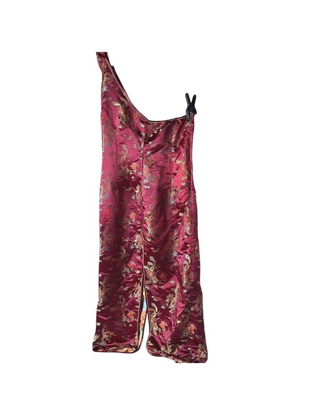 Laogudai Red Satin Dragon Brocade One Shoulder Dress XL